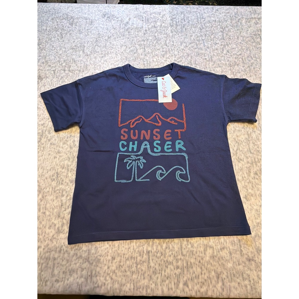 Cat Jack Kids T Shirt Short Sleeve Navy Blue Sunset Chaser Graphic Size S 6 7
